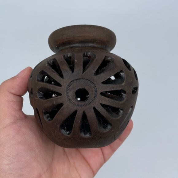 Hand engraved open work floral ceramic vase dark brown	small 3.5" - Picture 6 of 11